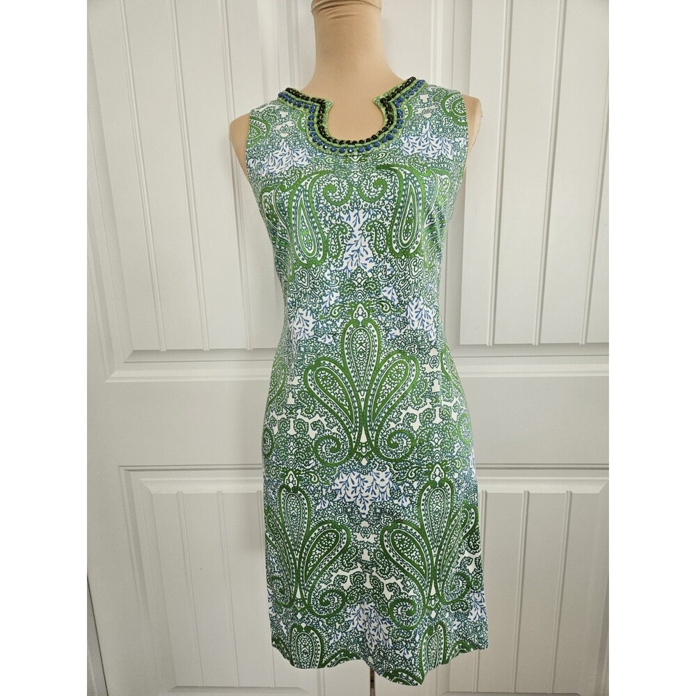 London Times Sheath Dress Paisley Beaded Horseshoe neck sleeveless Cotton sz 8